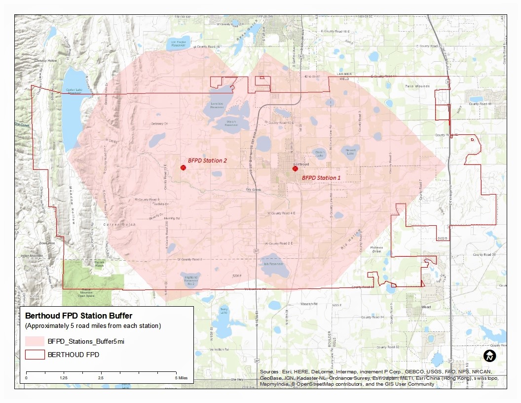 Berthoud Fire's area of service map showing both fire stations